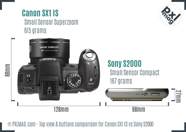 Canon SX1 IS vs Sony S2000 top view buttons comparison
