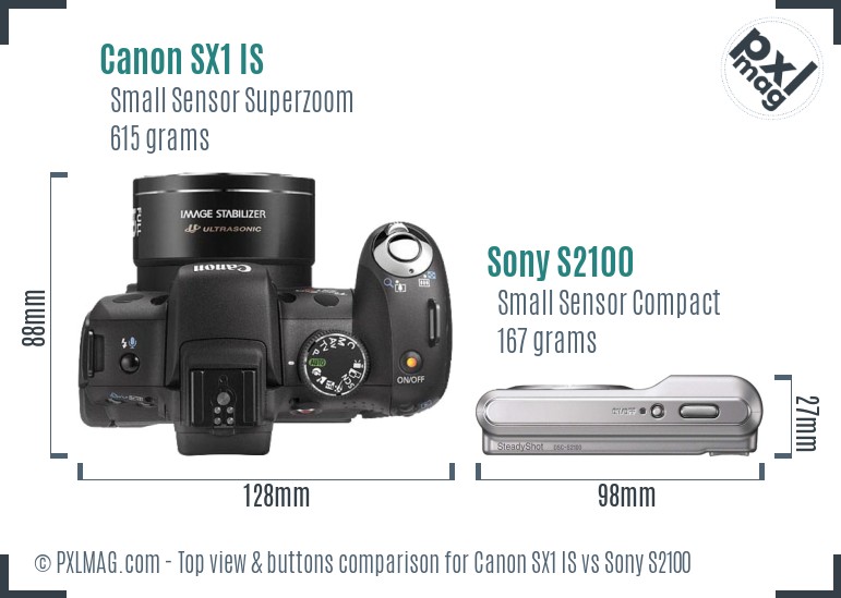 Canon SX1 IS vs Sony S2100 top view buttons comparison