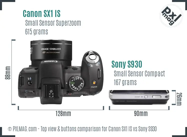 Canon SX1 IS vs Sony S930 top view buttons comparison