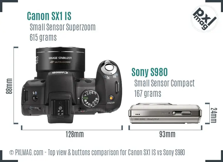 Canon SX1 IS vs Sony S980 top view buttons comparison