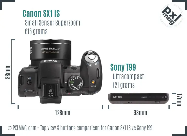 Canon SX1 IS vs Sony T99 top view buttons comparison Canon SX1 IS vs Sony T99 top view buttons comparison