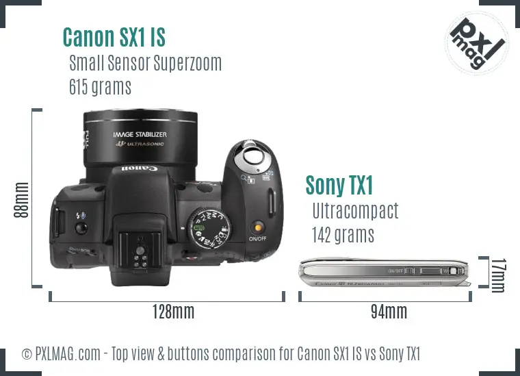 Canon SX1 IS vs Sony TX1 top view buttons comparison Canon SX1 IS vs Sony TX1 top view buttons comparison