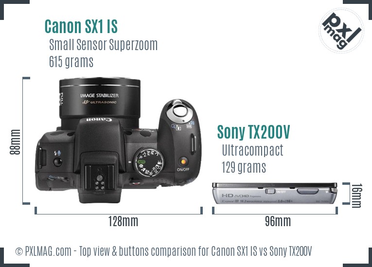 Canon SX1 IS vs Sony TX200V top view buttons comparison