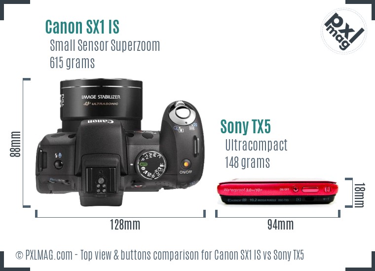 Canon SX1 IS vs Sony TX5 top view buttons comparison
