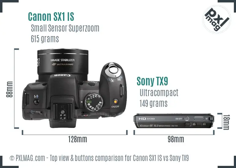 Canon SX1 IS vs Sony TX9 top view buttons comparison