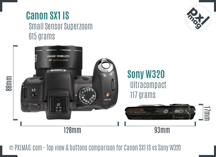 Canon SX1 IS vs Sony W320 top view buttons comparison