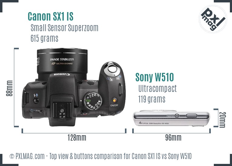 Canon SX1 IS vs Sony W510 top view buttons comparison