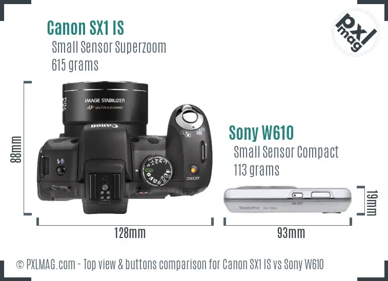Canon SX1 IS vs Sony W610 top view buttons comparison