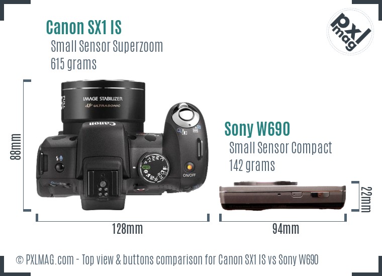 Canon SX1 IS vs Sony W690 top view buttons comparison