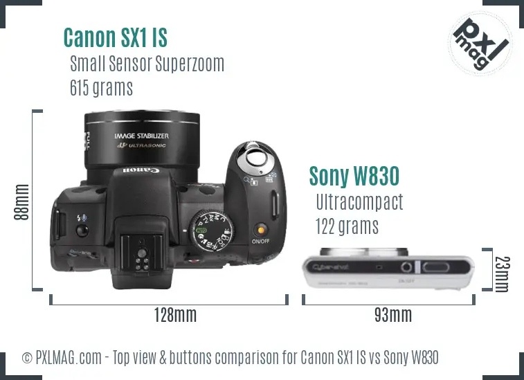 Canon SX1 IS vs Sony W830 top view buttons comparison
