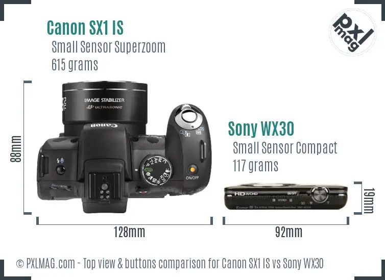 Canon SX1 IS vs Sony WX30 top view buttons comparison