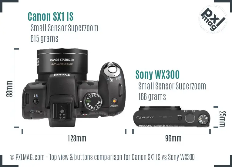 Canon SX1 IS vs Sony WX300 top view buttons comparison