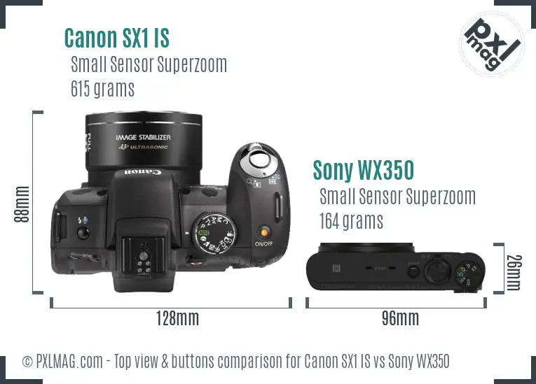 Canon SX1 IS vs Sony WX350 top view buttons comparison