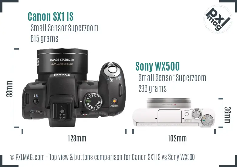 Canon SX1 IS vs Sony WX500 top view buttons comparison