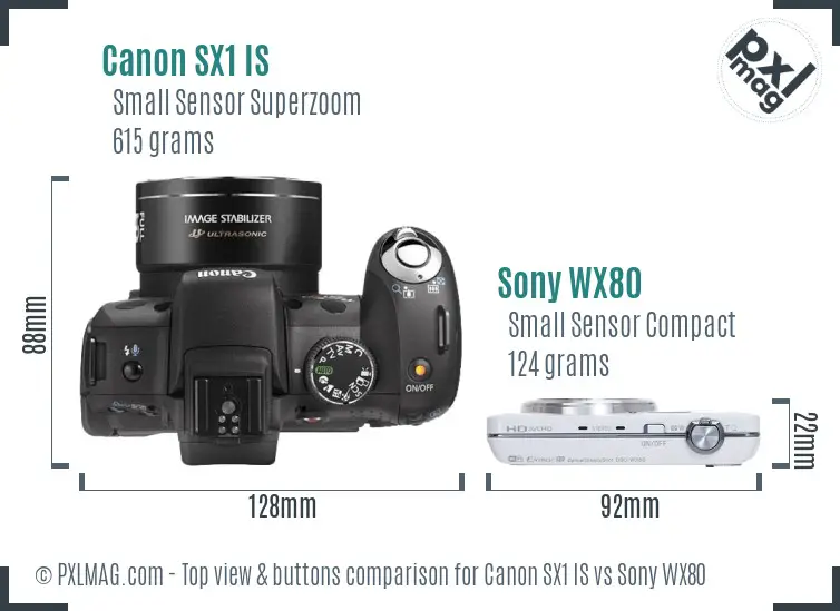 Canon SX1 IS vs Sony WX80 top view buttons comparison Canon SX1 IS vs Sony WX80 top view buttons comparison