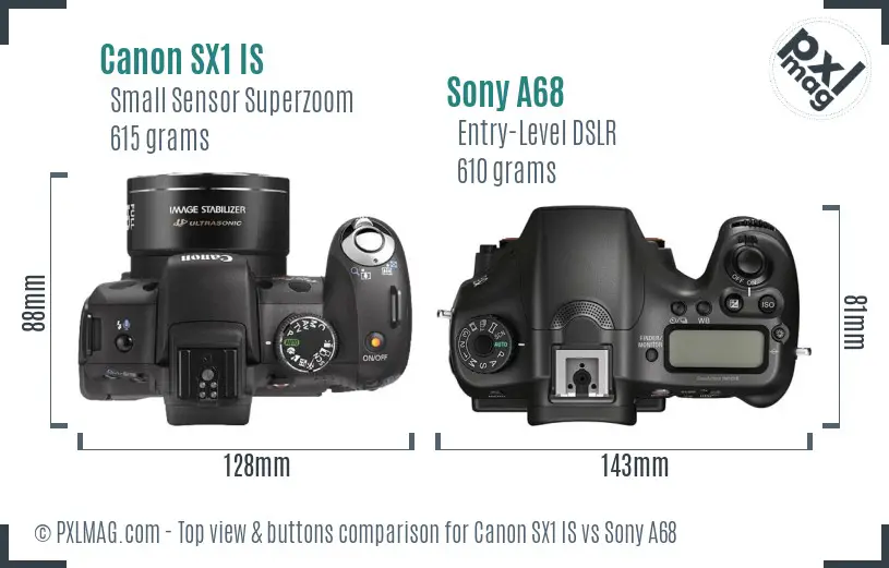 Canon SX1 IS vs Sony A68 top view buttons comparison