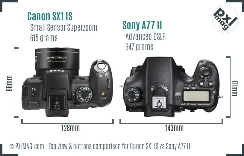 Canon SX1 IS vs Sony A77 II top view buttons comparison