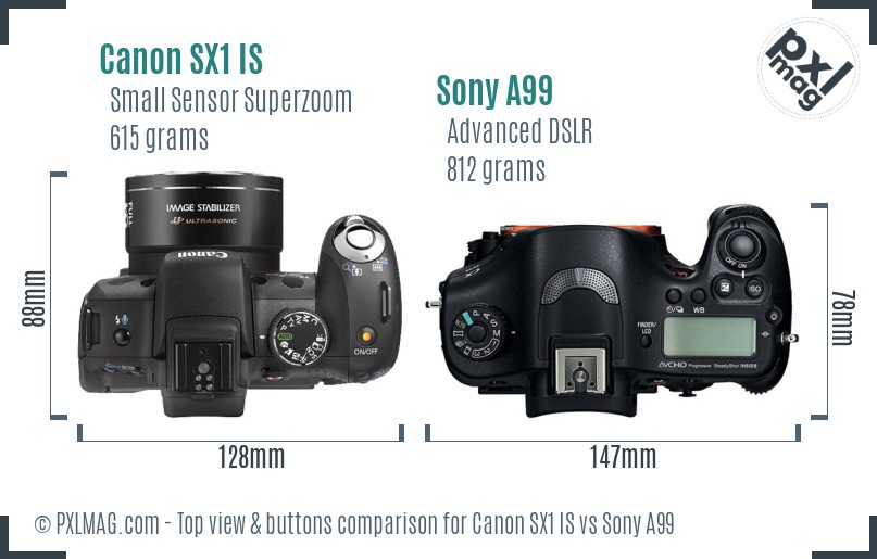 Canon SX1 IS vs Sony A99 top view buttons comparison