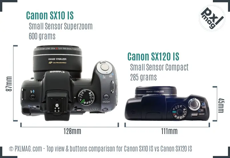 Canon SX10 IS vs Canon SX120 IS top view buttons comparison