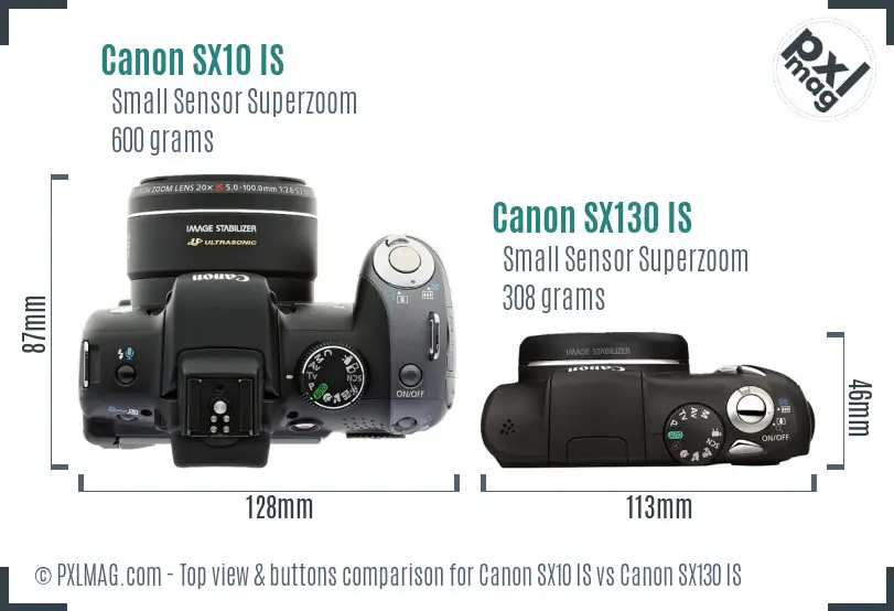 Canon SX10 IS vs Canon SX130 IS top view buttons comparison