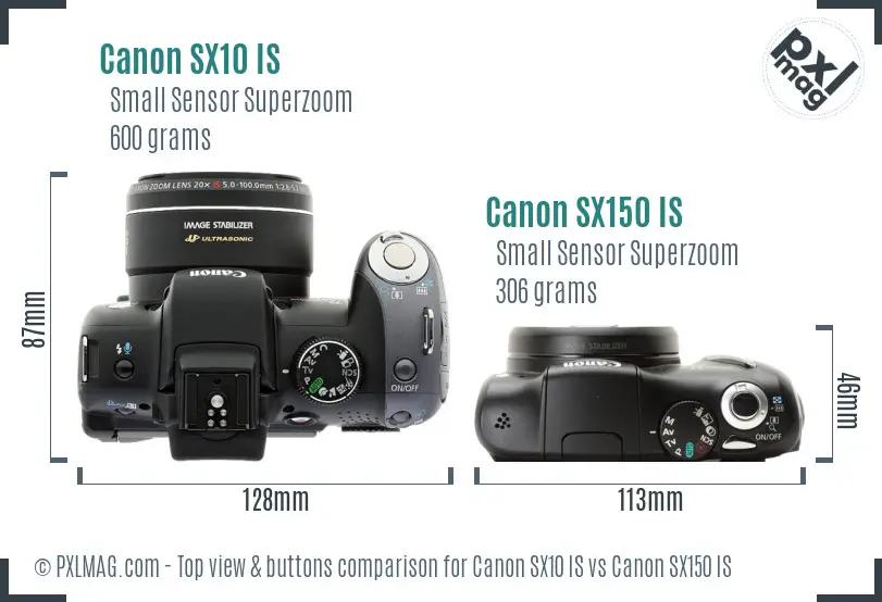 Canon SX10 IS vs Canon SX150 IS top view buttons comparison