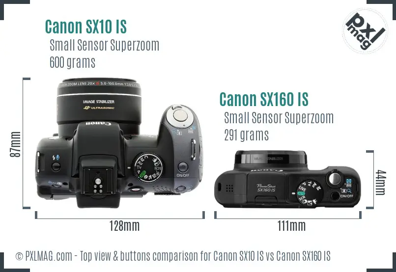 Canon SX10 IS vs Canon SX160 IS top view buttons comparison