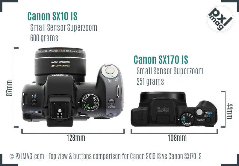 Canon SX10 IS vs Canon SX170 IS top view buttons comparison
