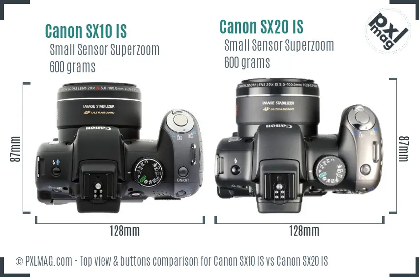 Canon SX10 IS vs Canon SX20 IS top view buttons comparison