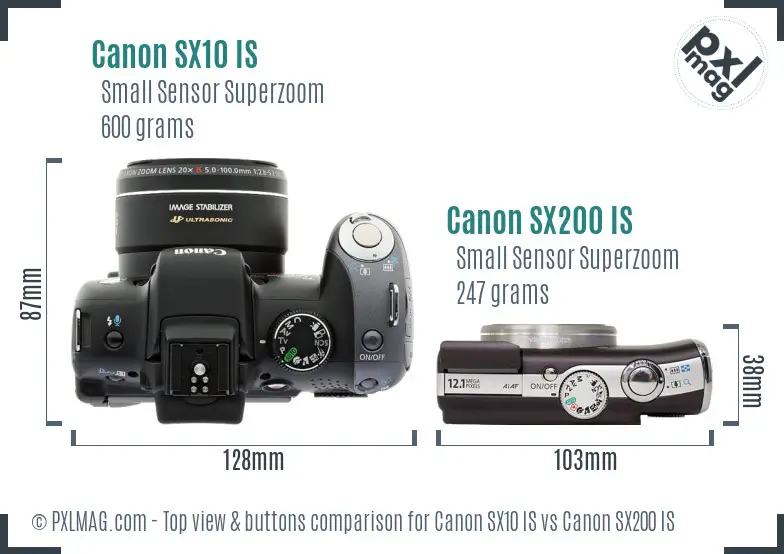 Canon SX10 IS vs Canon SX200 IS top view buttons comparison