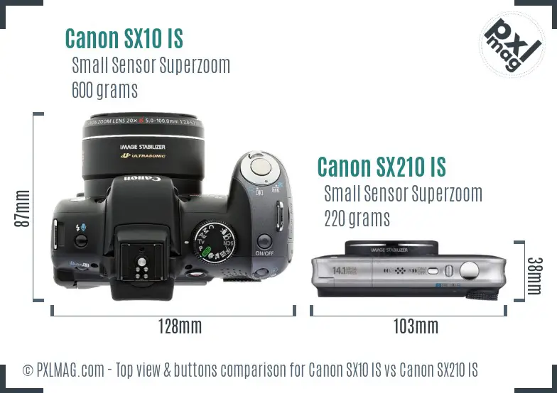 Canon SX10 IS vs Canon SX210 IS top view buttons comparison