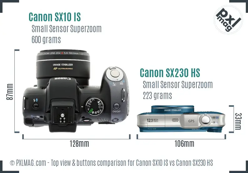 Canon SX10 IS vs Canon SX230 HS top view buttons comparison