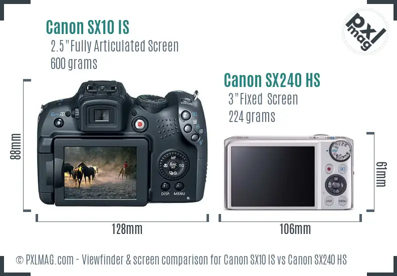 Canon SX10 IS vs Canon SX240 HS Screen and Viewfinder comparison