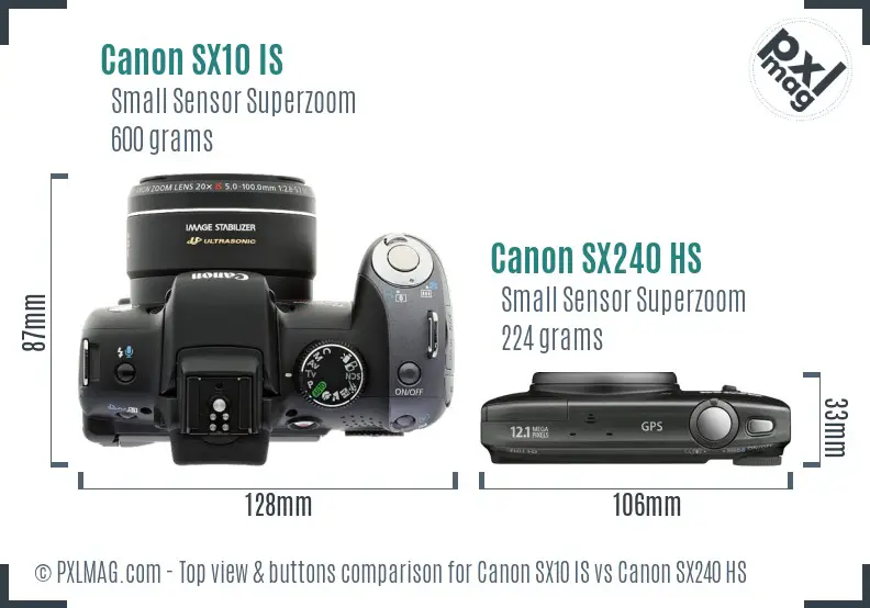 Canon SX10 IS vs Canon SX240 HS top view buttons comparison