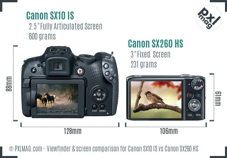 Canon SX10 IS vs Canon SX260 HS Screen and Viewfinder comparison