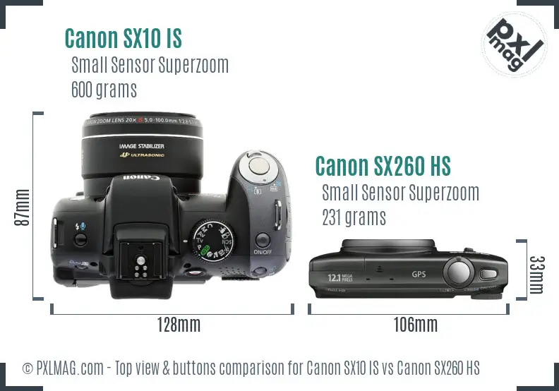 Canon SX10 IS vs Canon SX260 HS top view buttons comparison