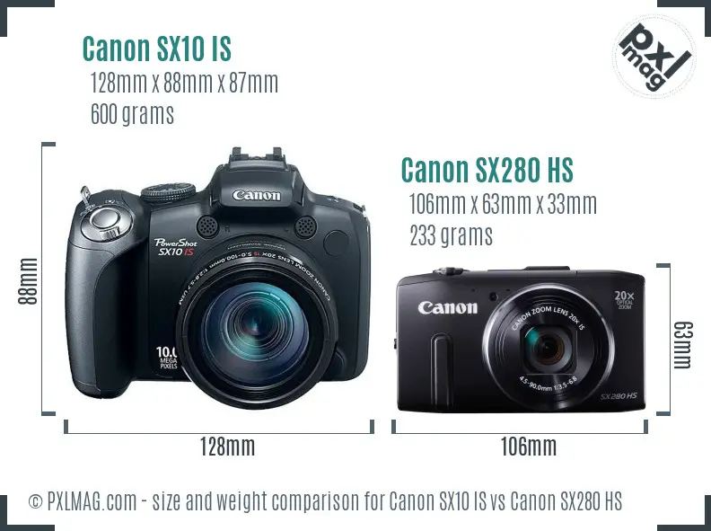 Canon SX10 IS vs Canon SX280 HS size comparison