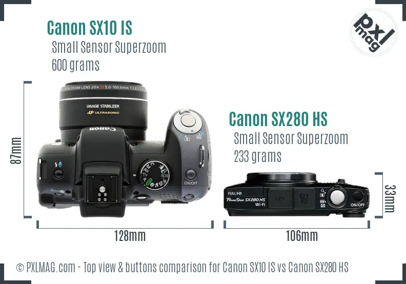 Canon SX10 IS vs Canon SX280 HS top view buttons comparison