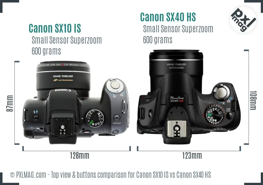 Canon SX10 IS vs Canon SX40 HS top view buttons comparison