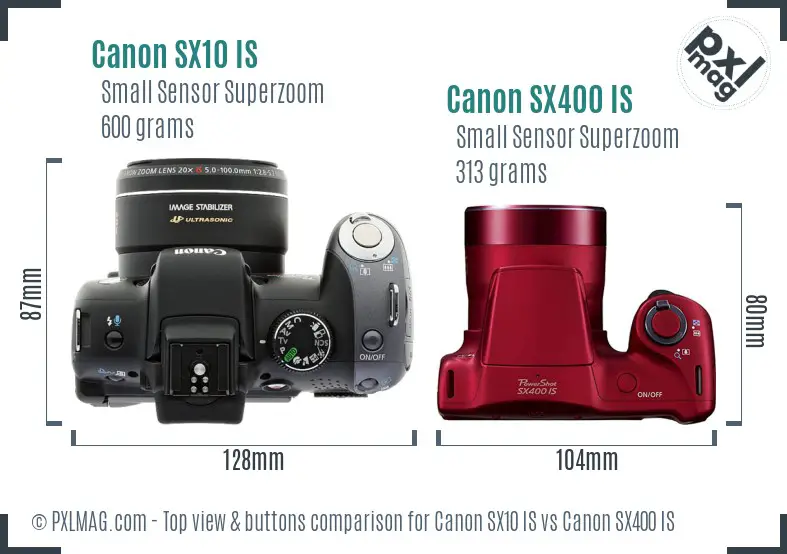 Canon SX10 IS vs Canon SX400 IS top view buttons comparison