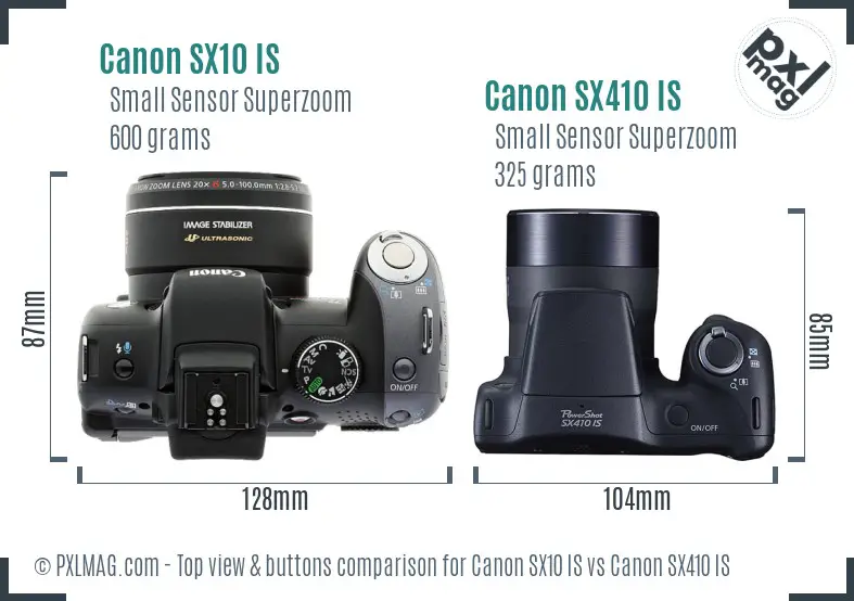 Canon SX10 IS vs Canon SX410 IS top view buttons comparison