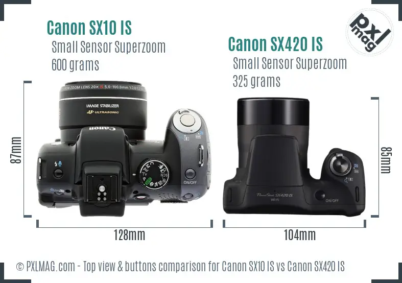 Canon SX10 IS vs Canon SX420 IS top view buttons comparison