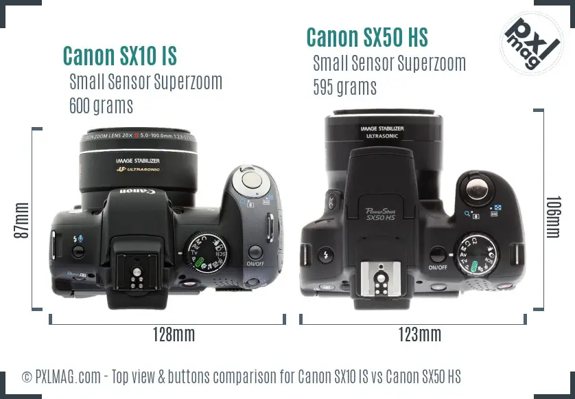 Canon SX10 IS vs Canon SX50 HS top view buttons comparison