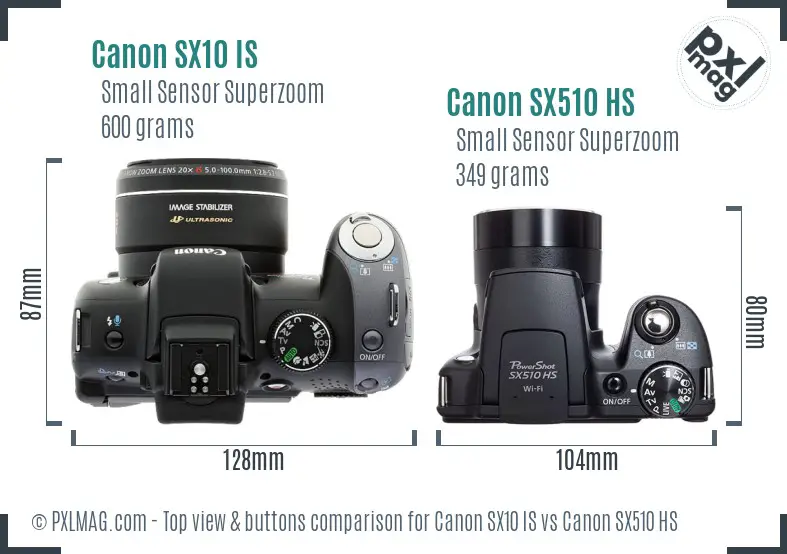 Canon SX10 IS vs Canon SX510 HS top view buttons comparison