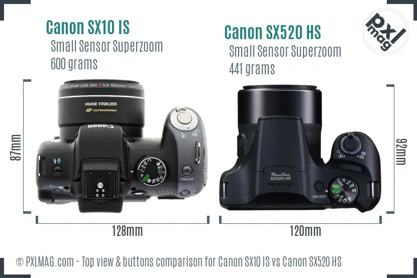 Canon SX10 IS vs Canon SX520 HS top view buttons comparison