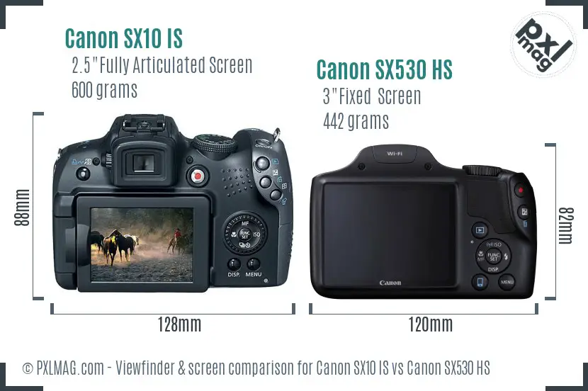 Canon SX10 IS vs Canon SX530 HS Screen and Viewfinder comparison