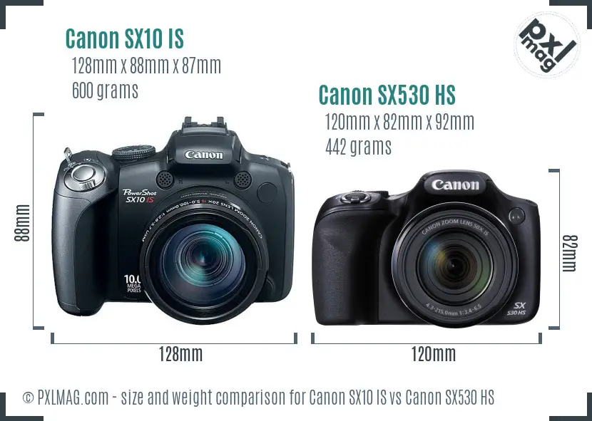 Canon SX10 IS vs Canon SX530 HS size comparison
