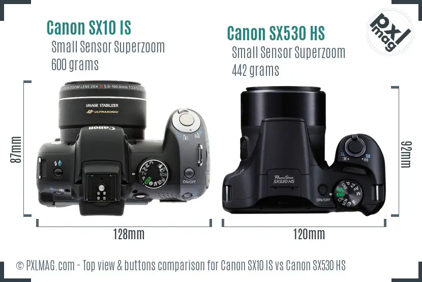 Canon SX10 IS vs Canon SX530 HS top view buttons comparison