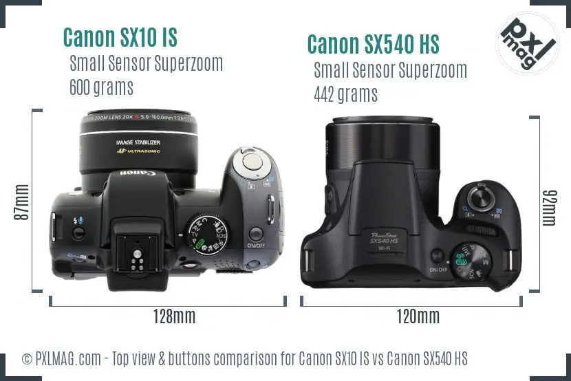 Canon SX10 IS vs Canon SX540 HS top view buttons comparison