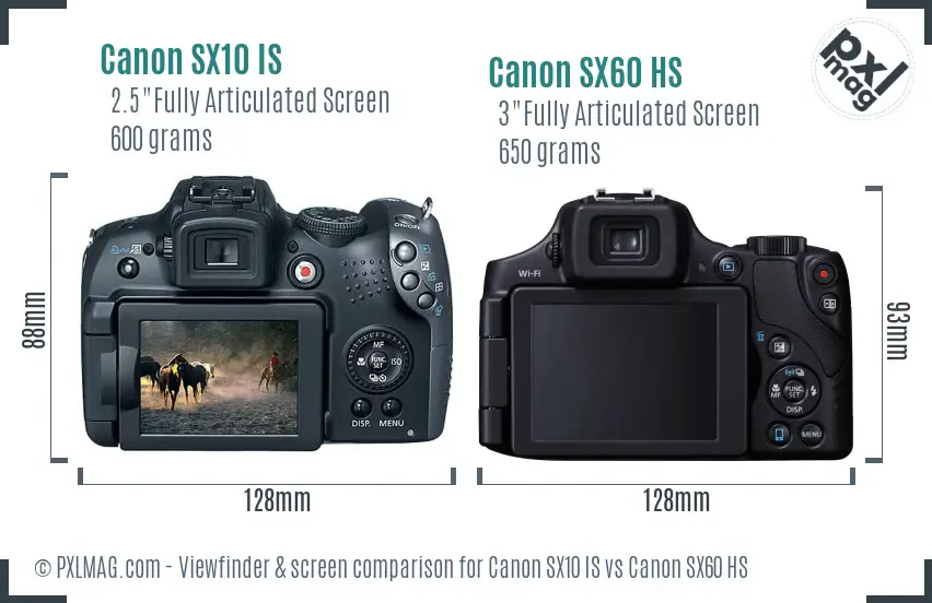 Canon SX10 IS vs Canon SX60 HS Screen and Viewfinder comparison