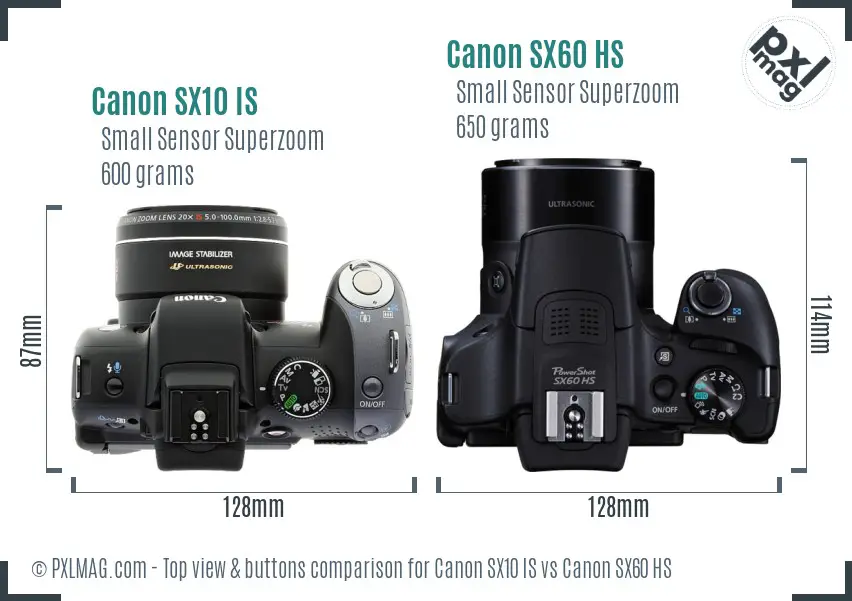 Canon SX10 IS vs Canon SX60 HS top view buttons comparison